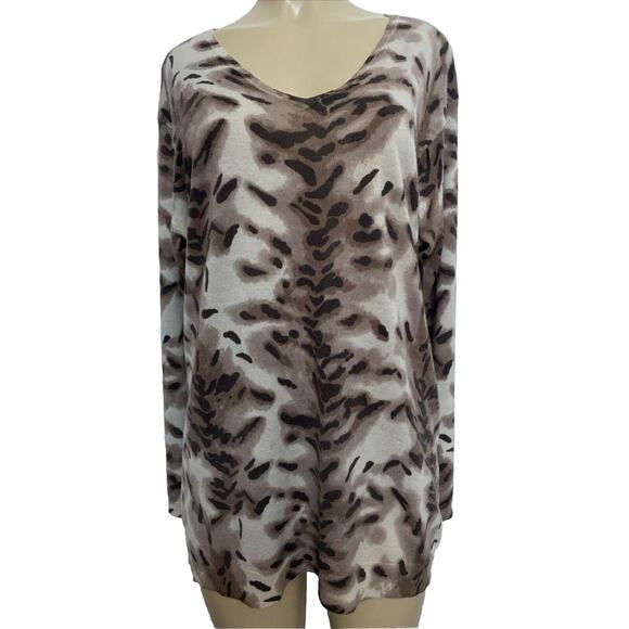 Adrienne Vittadini Sweater Top Animal Print V Neck Long Sleeve Pullover … - Picture 1 of 5